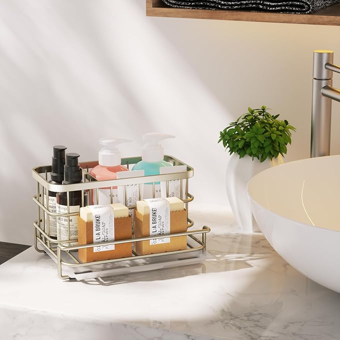HapiRm Kitchen Sink Caddy Organizer - Versatile Sponge Holder with Drain Tray, SUS304 Stainless Steel Rustproof Kitchen Sink Organizer Storage for Countertop- Brushed Nickel - Image 7
