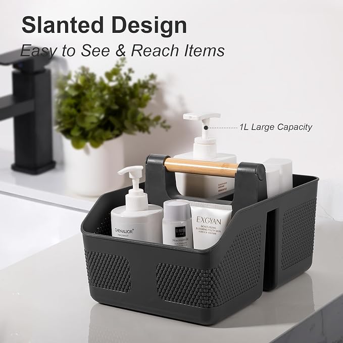 Plastic Shower Caddy Portable Shower Basket with Bamboo Handle, Dark Gray | Cleaning Caddy Organizer Storage Tote for Bathroom, College Dorm Essentials, Bath Toy Storage - Image 3