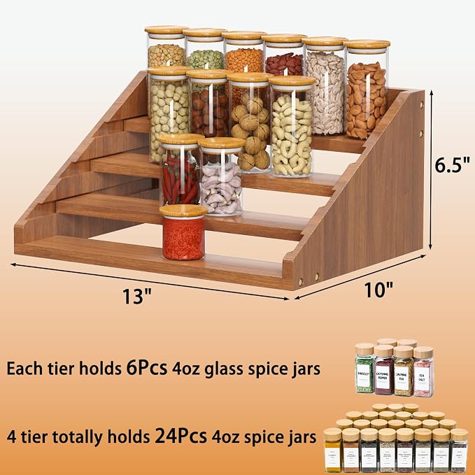 Solid Wood Spice Rack Organizer for Countertop & Cabinet, 4 Tier Adjustable Wooden Spice Shelf with Sliding Track, Premium Step Seasoning Bottle Holder for Kitchen, Pantry & Office, Walnut Brown - Image 7