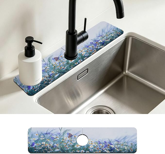 Kitchen Faucet Mat Beautiful Flowers Butterfly Sink Splash Guard Behind Faucet Draining Mat Kitchen Accessories Non-slip Easy to Clean for Bathroom & Kitchen 24"X5.5" by Unknown