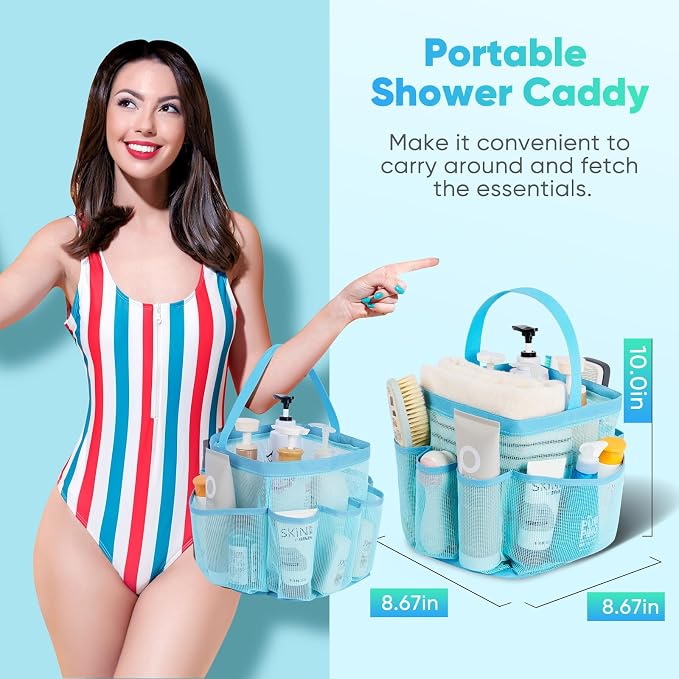 EUDELE 2 Pack Mesh Shower Caddy Portable for College Dorm Room Essentials, Shower Caddy Dorm with 9-Pocket Large Capacity,Shower Bag for Beach,Swimming,Gym All Black+All Ice Blue - Image 3