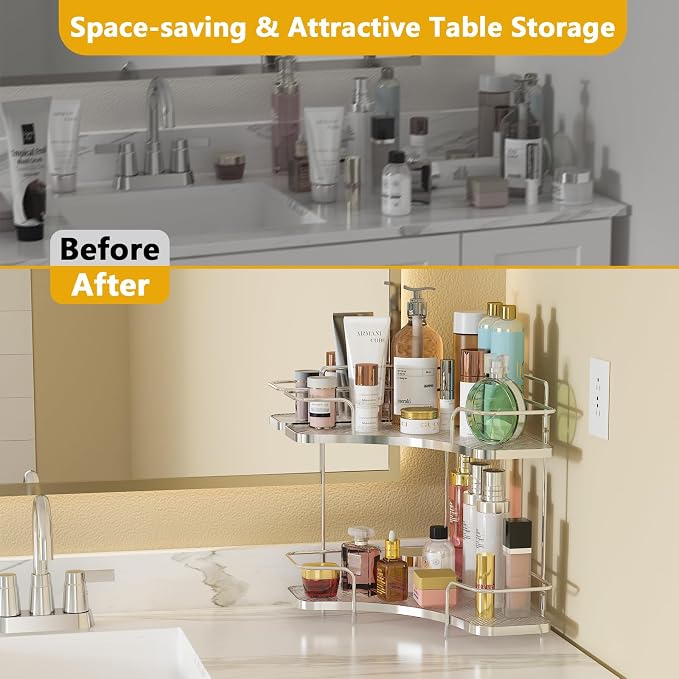 2 Tier Bathroom Organizer Countertop Corner, Makeup Organizer | Vanity Organizer Corner Shelf for Skincare, Cosmetics, Perfume, Tool-Free Assembly, Space-Saving, Silver - Image 5