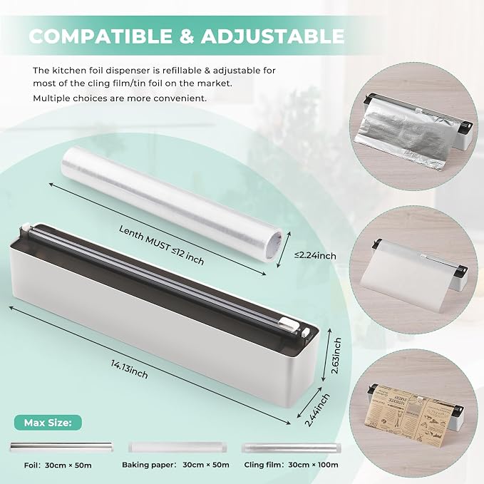 Magnetic Plastic Wrap Dispenser with Cutter - Practical Refillable Aluminum Tin Foil and Plastic Wrap Organizer for Drawer, Including an Extra Roll of 12"X 164' Food Cling Film - Black - Image 4