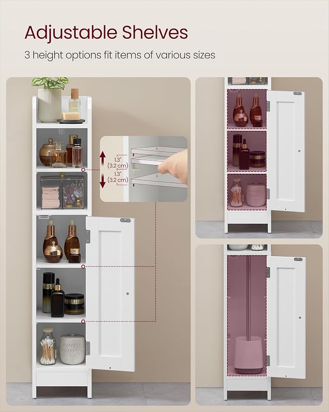 VASAGLE Small Storage Corner Floor Cabinet with Door, 7.9 x 7.1 x 36.2 Inches, Narrow Toilet Paper Storage Holder, Adjustable Shelves, for Bathroom, Living Room, Small Spaces, Cloud White UBBC311W01 - Image 5