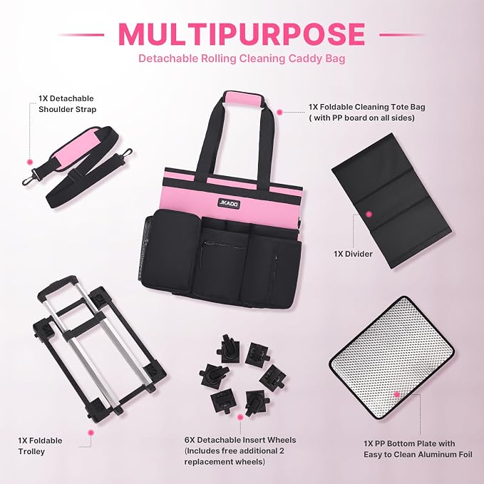 JKAOO Large Rolling Cleaning Caddy Bag with Detachable Trolley, Pink | Waterproof Cleaning Caddy with Wheels, 40L Wheeled Organizer Cart for Supplies, Housekeepers, Home, Office, Car, Picnic - Image 8