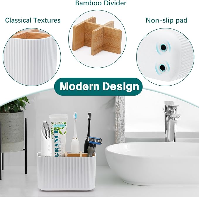 GFWARE White Toothbrush Holder, 5 Slots Bathroom Storage Organizer | Bamboo Toothbrush Holder, Kids Electric Toothbrush Holder and Toothpaste Storage for Bathroom Sink Organizer - Image 3