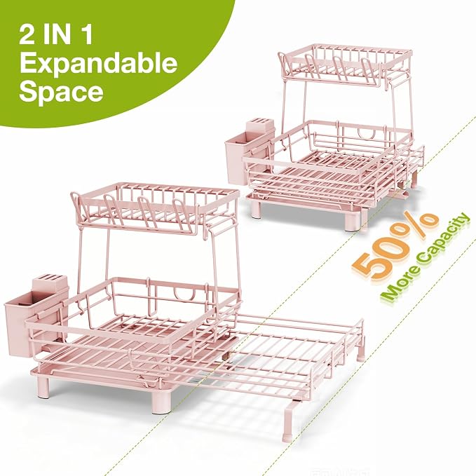 2-Tier Expandable Dish Drying Rack, Kitchen Counter Pink | Large Capacity Kitchen Organization, Heavy-Duty Carbon Steel, Swivel Drain Spout, Cup Hooks & Utensil Holder - Image 8