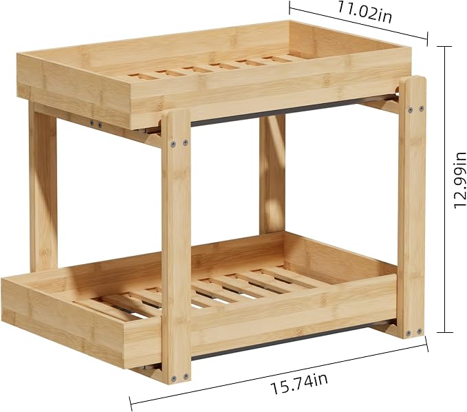 APRTAT 2 Pack Bamboo Under Sink Organizer, 2-Tier Pull Out Storage Drawers | Smooth pull-out drawers keep cleaners and tall bottles visible, organized and easy to reach in kitchen or bathroom cabinets - Image 5