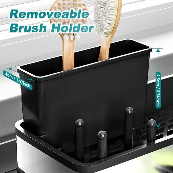 Ewaiira Stainless Steel Sink Caddy, Sponge Holder for Kitchen Sink 9.8″ | with Brush Holder and Towel Rack, Sink Organizer for Countertop, Soap Kitchen Organizers Storage Essentials, Black - Image 8