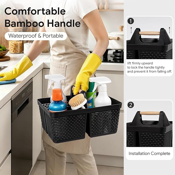 UUJOLY Portable Plastic Shower Caddy Basket with Wooden Handle, Black | Divided Storage Organizer Tote for Bathroom, Dorm, College, Kitchen & RV – Lightweight, Easy-Carry Essentials Caddy - Image 2