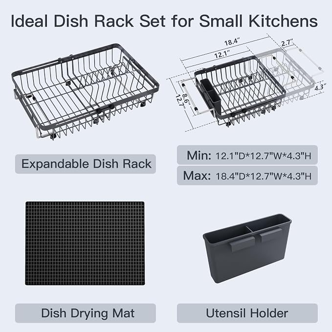 Grey Dish Drying Rack Over The Sink with Utensil Holder, Mat | Expandable Stainless Steel Dish Drainer for Small Kitchen, Apartment, RV, Counter Space Saving, Perfect Fit, Rustproof - Image 2