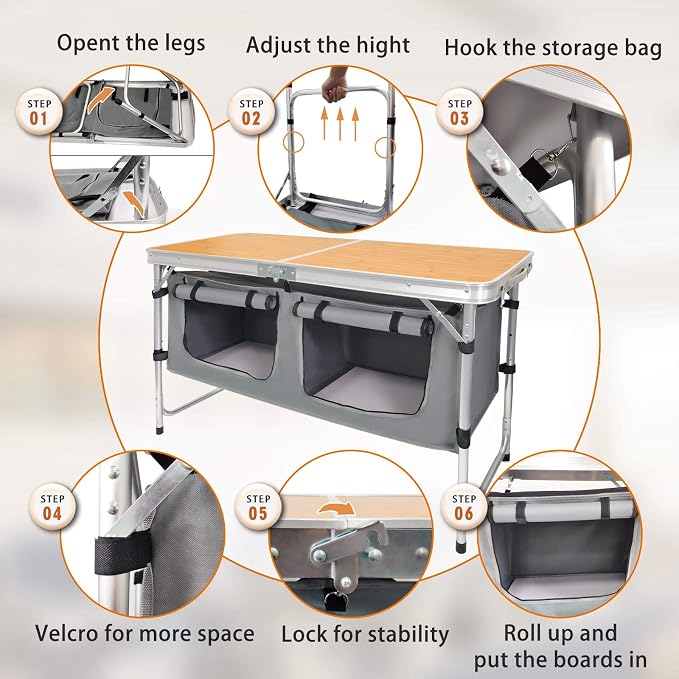 CampLand Outdoor Folding Table Aluminum Lightweight Height Adjustable with Storage Organizer for BBQ, Party, Camping - Image 5