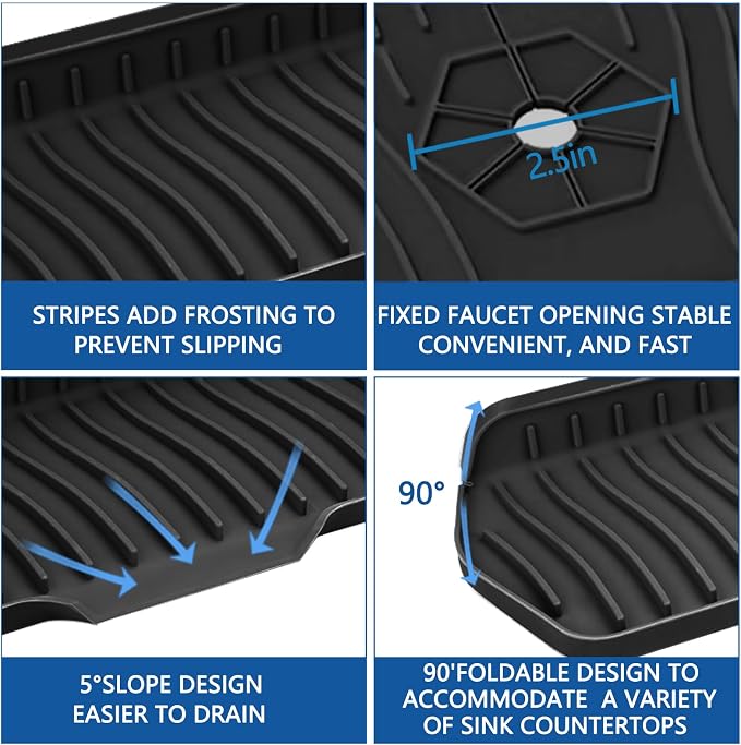Kitchen Sink Splash Guard Gen2-30" x 6'' Silicone Sink Mat Splash Guard fit for Countertop, Bathroom,Farmhouse,RV by EBIGIC (Black) - Image 3