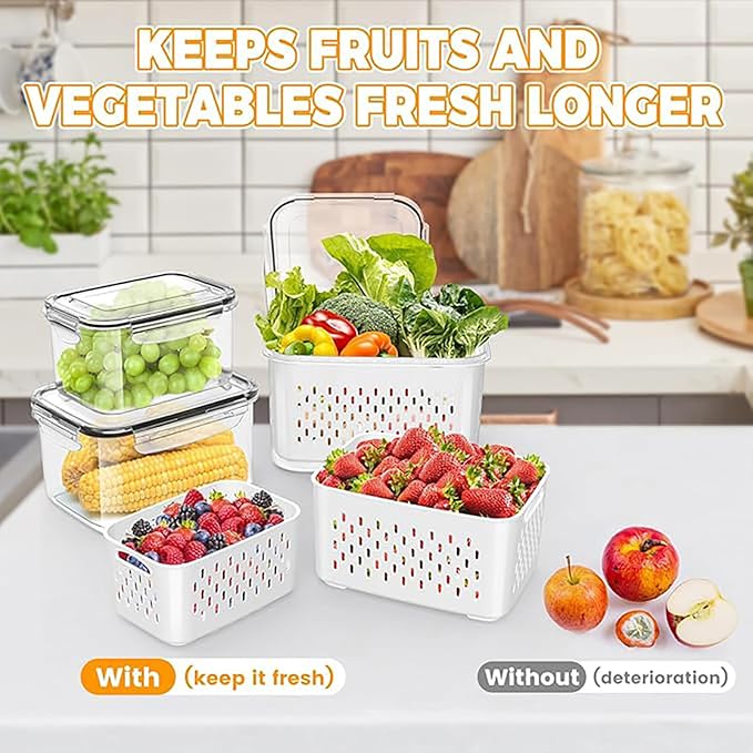 3pcs 4 in 1 Fruit Storage Containers for Fridge with Removable Colanders | Airtight, stackable, keeps food fresh. Dishwasher safe. Berry, vegetable, produce basket, strainer, refrigerator keeper - Image 8