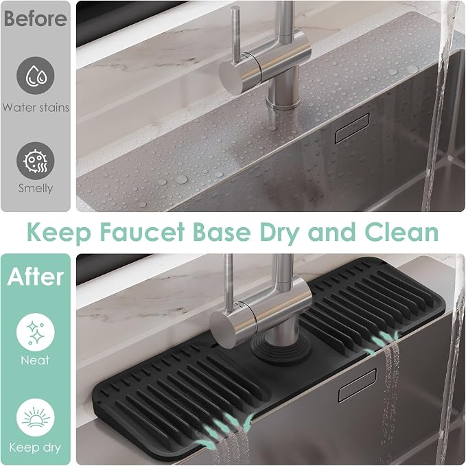 17.7-Inch Silicone Faucet Mat for Kitchen Sink Splash Guard, 7° Slope | 17.7"x5.5" water draining mat with fasten button; 1.6-2.75" customizable hole for bathroom, RV & kitchen sink drip catcher. - Image 6
