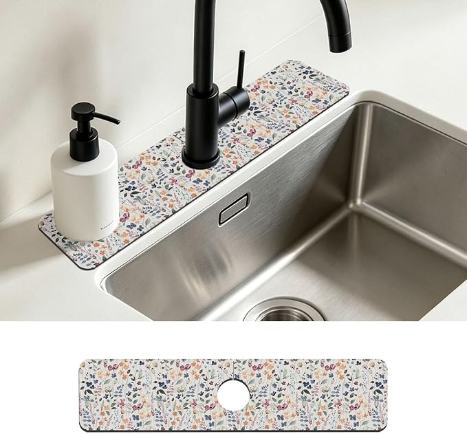 Kitchen Faucet Mat Watercolor Multicolor Botanical Plants Sink Splash Guard Behind Faucet Draining Mat Kitchen Accessories Non-slip Easy to Clean for Bathroom & Kitchen 24"X5.5" by Unknown