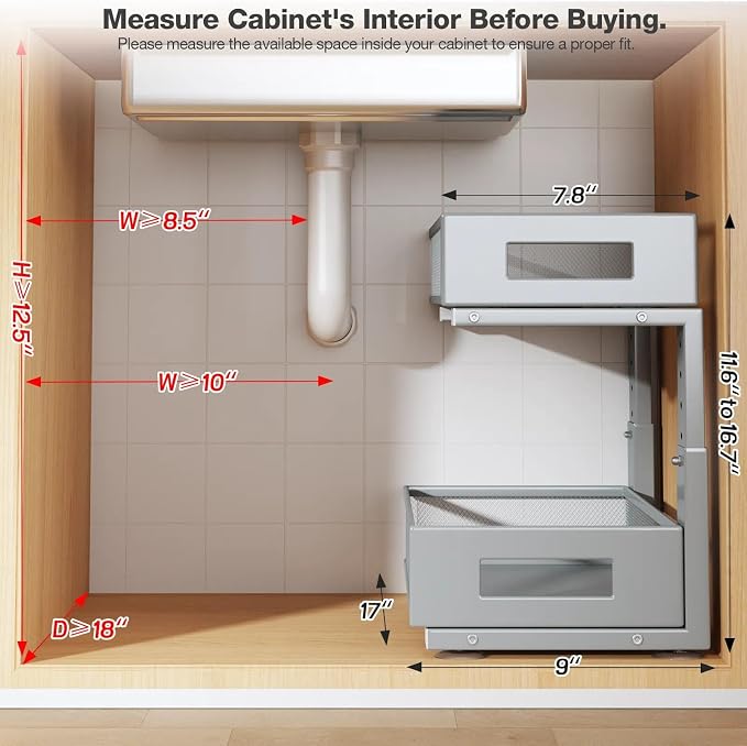 1 Pack 17IN Depth Under Sink Organizer, 2-Tier Pull Out Cabinet Organizer With Smooth Circular Rail, Large Capacity Metal Mesh Sliding Drawers For Bathroom& Kitchen Storage,Height Adjustable-Gun Gray - Image 2