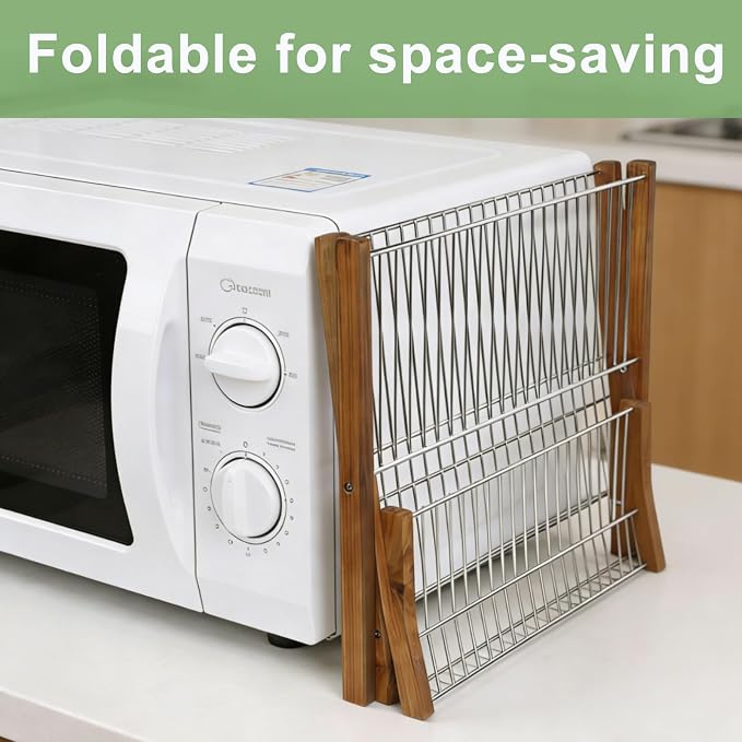 HTB Dish Drying Rack 2 Tier,Stainless Steel & Teak Wood Dish Drying Rack | Foldable Dish Drainer for Plates, Cups, Bottles, Kitchen Counter, Apartment, Collapsible Kitchen Drying Rack, Space Saving - Image 2
