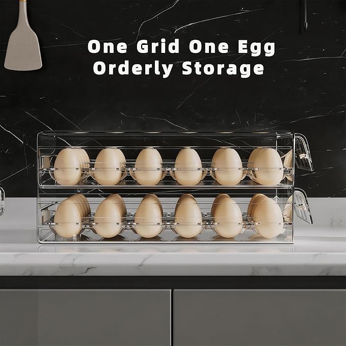 HIYOHIYO 2-Tier Clear 24 Grid Egg Container for Refrigerator, With Drawers | Large Capacity, with Time Scale Marking, Stackable, Sturdy Eggs Storage for Fridge and Countertop - Image 4