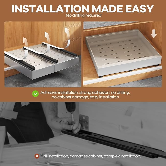 Seinloes 2 Pack Expandable Pull Out Cabinet Organizer 21"Deep With Raising Pad for Framed Cabinets,Upgrade 3 Slide Rails Slide Out Drawers,Roll Out Shelves Adhesive,Adjustable Width 12.05"-20.4"Silver - Image 7