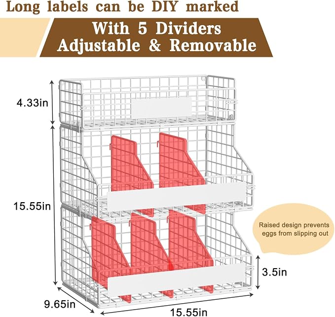 keomaisyto Egg Holder Countertop with 5 Dividers & DIY Nameplate | 3 Tier Stackable Wire Storage Baskets for Gathering Fresh Eggs, Wall-Mounted XXL Egg Rack, White (Patent Pending) - Image 3