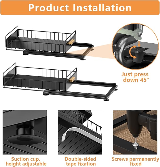 Under Sink Organizer, Single Tier Metal Pull Out Sliding Drawer Shelf for Kitchen Bathroom Cabinet Storage, Sturdy Rack – Black - Image 4