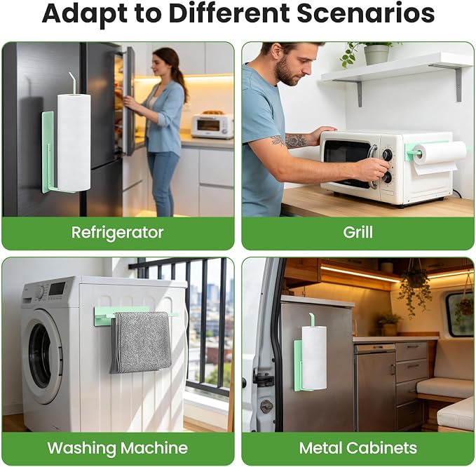 Paper Towel Holder, Magnetic Paper Towel Holder for Fridge, Toilet Paper Roll Holder Magnet Towel Rack Wall Mount Fridge Organizer for Paper Towels Rolls Bathroom Pantry RV Kitchen Storage Green - Image 4