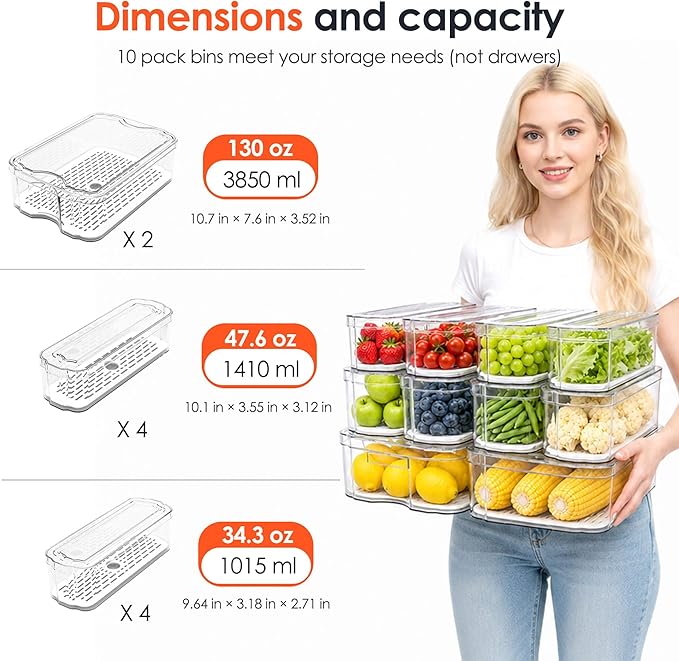 SMRCAD Clear Fridge Bins with Drain Trays - BPA-Free PET, Stackable | 10 Pack: 10 lidded Bins, Helps Keep Produce Fresh, 17.4L Capacity, Hand Wash Only - Image 6