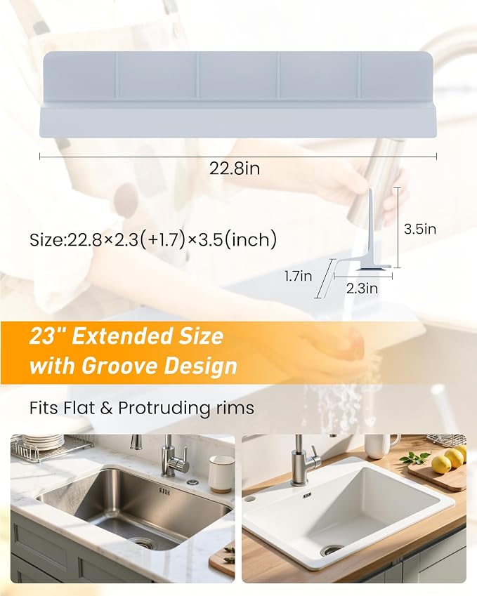 Sink Splash Guard 23" 18" 30" Silicone Water Guard with Strong Suction Cups, Faucet & Countertop Protector, Bathroom & Sink Edge Splash Guard Strip, Dishwasher Safe-Grey 23" - Image 4