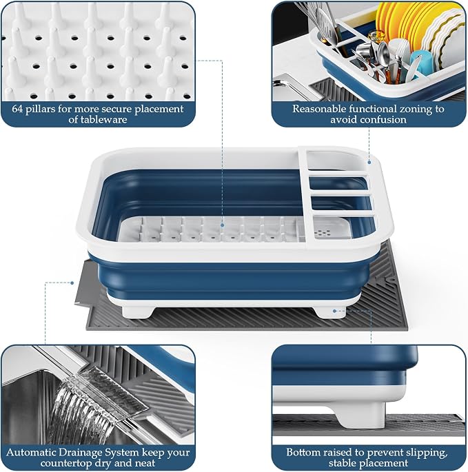 Dish Rack,Drying Rack Kitchen, Dish Racks for Kitchen Counter, Collapsible Dish Drying Rack—Suitable for Kitchens, motorhomes, Yachts, Campers - Blue-White (with Silicone Drain Pad) - Image 5
