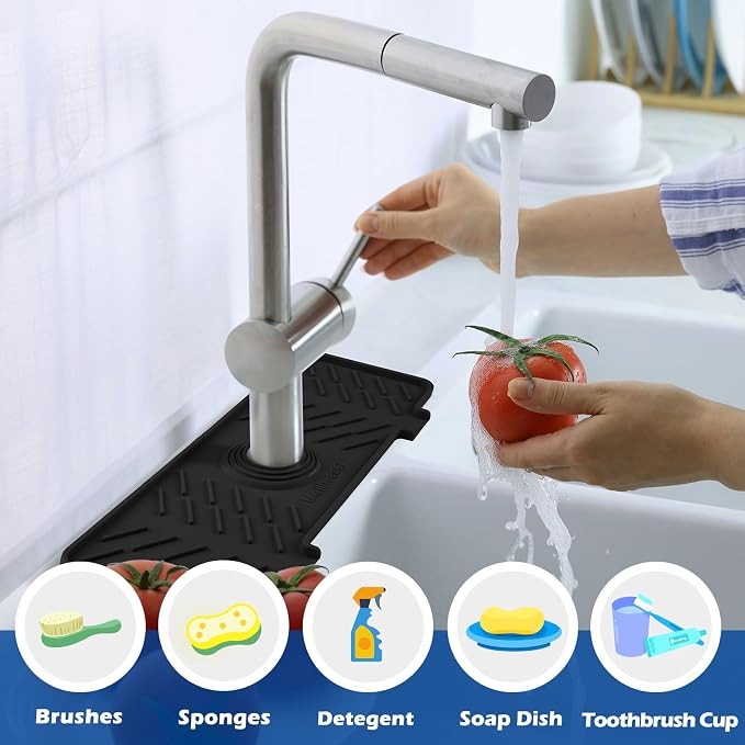 Silicone Faucet Mat for Kitchen Sink – Gen 3 10° Slope Splash Guard with Cuttable Hole – 14” x 5.5” Drip Catcher & Sponge Holder for Kitchen, Bathroom (Black) - Image 3