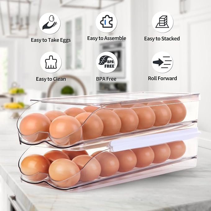 RoskDeewat Egg Holder for Fridge, Automatic Rolling Egg Container -1 Tier | Stackable Fridge Organizers and Storage with Lid, Sturdy Clear Plastic Egg Dispenser & Tray for Refrigerator - Image 6