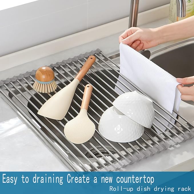 Roll Up Dish Drying Rack,Over The Sink Dish Rack Foldable, Heat-Resistant, Anti-Slip Silicone Coated Steel Dish Drainer for Kitchen Sink, Multipurpose Roll Up Sink Drying Rack, 17.8" x 13.8" - Image 5