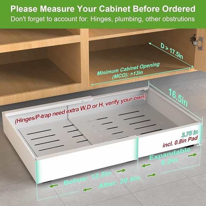 2-Pack Expandable Pull Out Cabinet Organizer 16.5"Deep(12.2"-20.5"W), 3 Full Extension Glides Slide Out Drawers, Roll Out Shelves Adhesive Raising Pad,Compatible Framed Cabinets,90lb Cap,White - Image 2