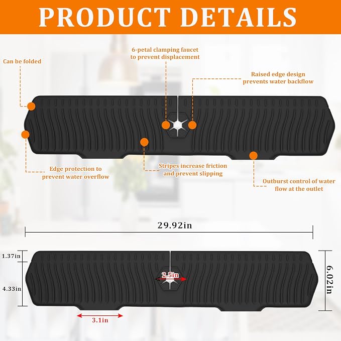 30 Inch Sink Splash Guard,Longer Silicone Sink Mat for Kitchen Bathroom,Kitchen Faucet,Silicone Sink Faucet Mat Splash Guard, Drip Protector Splash Countertop (Black) - Image 2