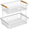 2 Tier Fruit Basket for Kitchen Counter with 2 Banana Hangers, Countertop Metal Bread Basket with Wooden Handle, Large Storage Stand for Vegetables, Snacks, Eggs, Produce Storage – White by Unknown