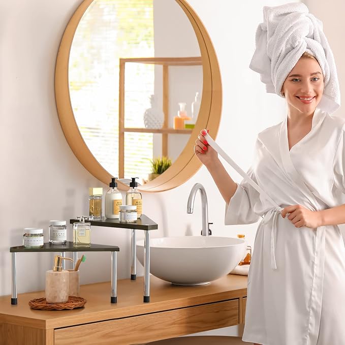 Weenson Bathroom Counter Organizer Corner Shelf - 2 Tier Bathroom Organization Bamboo Bathroom Sink Shelf Kitchen Countertop Organizer Adjustable Free-Standing Counter Storage Shelf(Antique) - Image 4