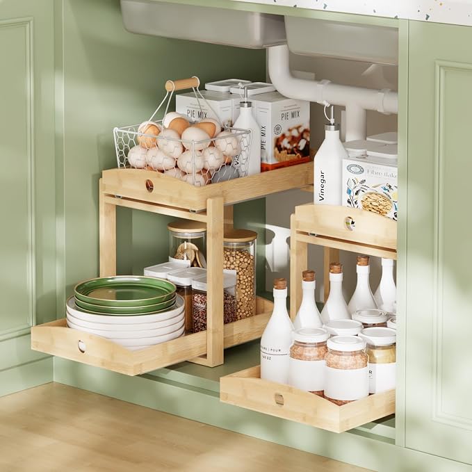 2 Pack Bamboo Under Sink Organizer, 2-Tier Pull-Out Drawers, Kitchen & Bath | Pull-out drawers keep cleaners and tall bottles visible, organized and easy to reach in kitchen or bathroom cabinets by HEALTHYYOU