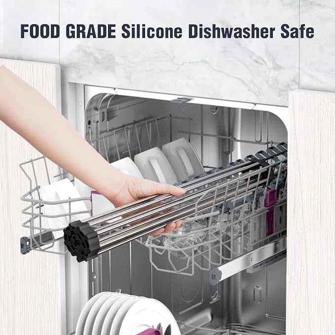 Tomorotec Roll Up Dish Drying Rack Over Sink, 304 Steel, 17.7x12.5, Black | Anti-Slip Silicone Rims For Grip, Heat-Resistant Trivet Mat Holding Heavy Cookware, Rustproof Kitchen Counter Space Saver - Image 6