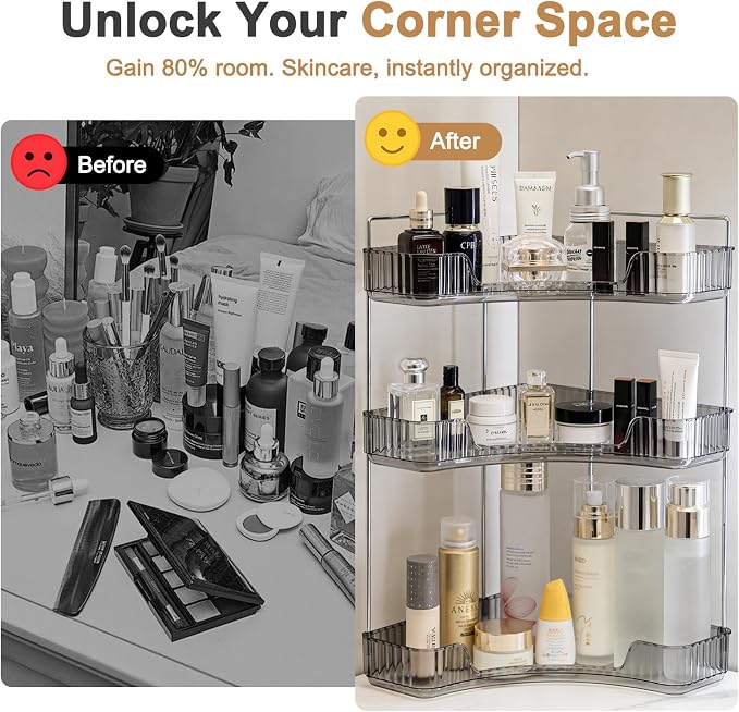 Corner Bathroom Counter Organizer, Vanity Organizer - Countertop Corner Shelf for Makeup Storage,Spice Racks for Kitchen Corner (Gray, 3-Tier) - Image 4