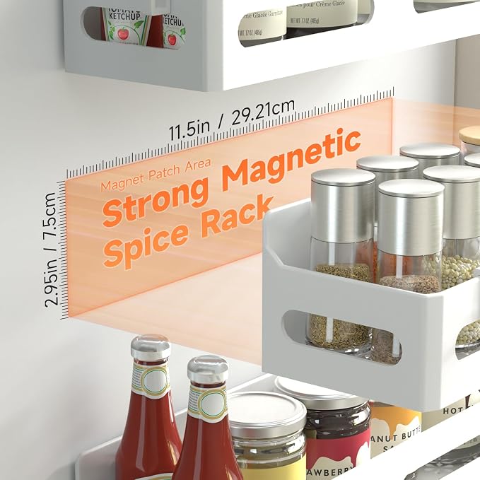 4-Pack Magnetic Spice Rack for Refrigerator with Hooks, White | Strong multipurpose magnetic shelf for kitchen & bathroom organization. Includes 4 removable hooks for hanging items. - Image 2