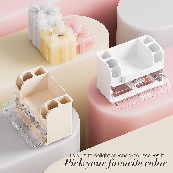 Delamu Large Makeup Organizer Countertop with 6 Brush Holders, Cream White | Vanity Organizer with 2 Drawers, Gift for Women & Girls, Holds Perfume, Skincare, Lipstick, Nail Polish & Hair Accessories - Image 9