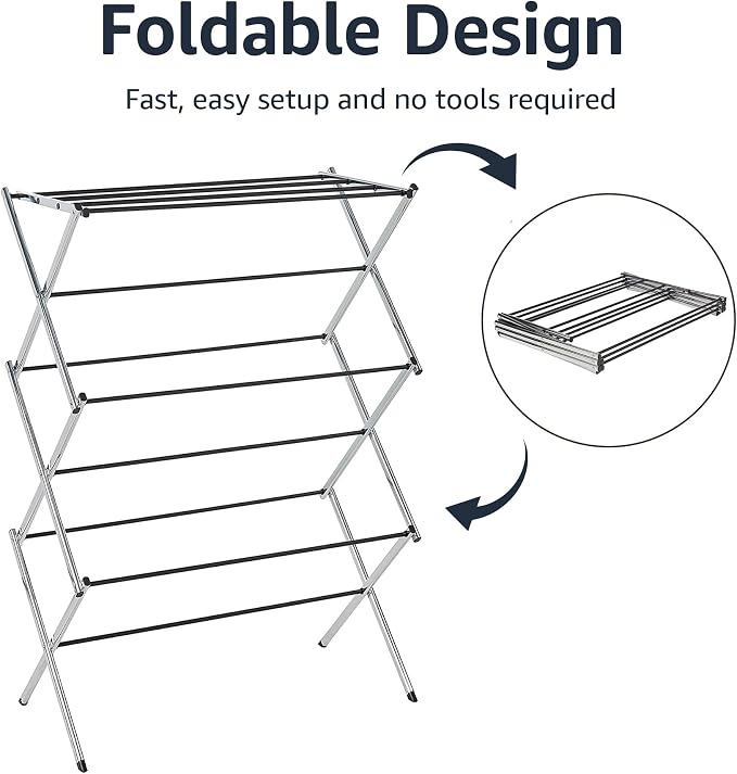 Amazon Basics Foldable Portable Metal Clothes Drying Rack for Indoor Air Drying, Energy Saving, 14.5 x 29.5 x 41.8 inches, Chrome Silver - Image 4