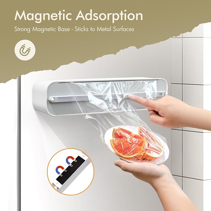 Aluminum Foil & Plastic Wrap Dispenser with Cutter - Magnetic & No-Drill Wall Mount, Cling Film Dispenser for Countertops & Cabinets, Space-Saving Kitchen Organizer - Fits 150 m Rolls, White - Image 3