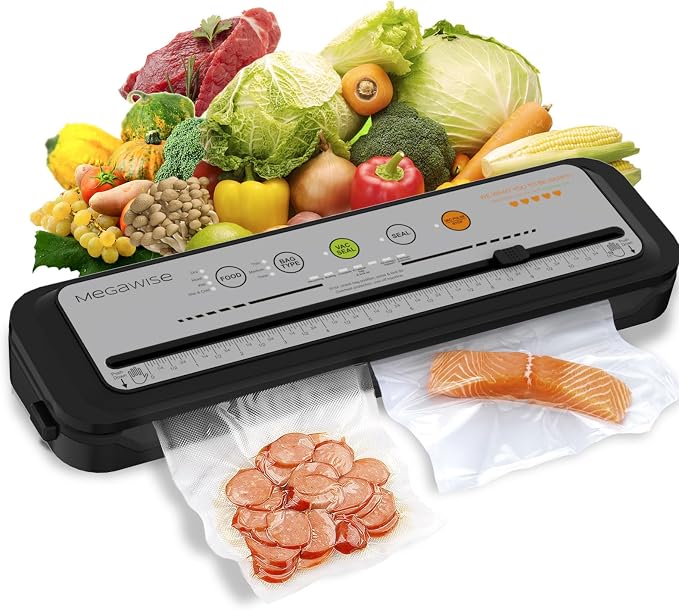 Updated Vacuum Sealer Machine 2025, MEGAWISE Food Sealer w/Starter Kit, Dry & Moist Food Modes, Compact Design with 10 Vacuum Bags & Built-in Cutter (Grey) by MEGAWISE