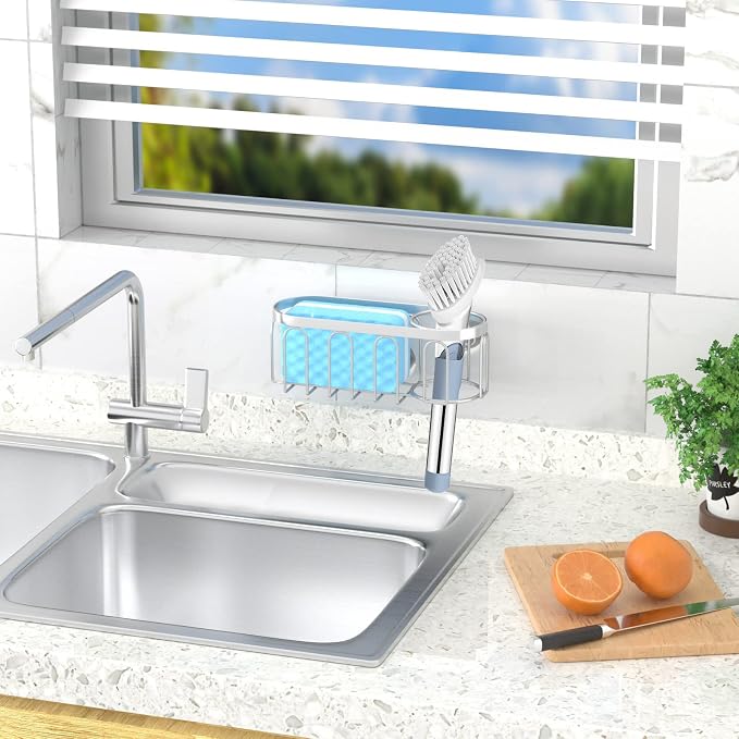 2-in-1 Sponge Holder for Kitchen Sink, Sink Caddy Kitchen Sink Organizer with 3 Suction Cups, No Drill Rustproof Sink Sponge Holder for Dish Brush, Soap & Sponge (Silver) - Image 5