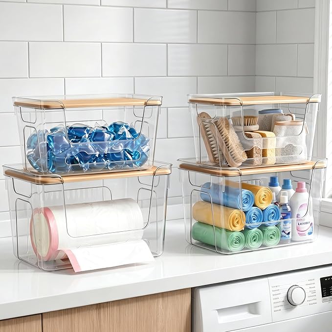 CANTAMI Plastic Trash Bag Dispenser with Lids, Stackable, 4Pack, 2XL+2S | Clear Trash Bag Organizer for Kitchen, Laundry Room, Under Sink Organization and Storage - Image 8