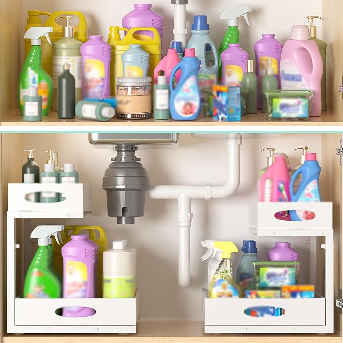 Under Sink Organizer, Extra-Wide Upgrade, 1 Pack 2 Tier Metal Slide Out Cabinet Organizer, Height Adjustable Organization and Storage Series, Bathroom/Cabinet/Kitchen organization, White - Image 7