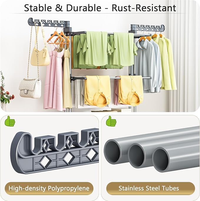 Upgraded 4-Tier Clothes Drying Rack, Drying Rack Clothing with Wheels | Large Foldable Laundry Drying Rack, Clothes Rack with Side Hooks for Indoor Outdoor Air Drying, 19.68"D x 29.9"W x 67.7"H - Image 8