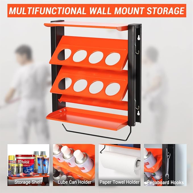 Spray Can Holder, Wall Mount Paint Bottle Organizer 8 Holes & 2 Shelves | Heavy Duty Lube Can Organizer with Paper Towel Holder for Garage & Home - Image 2